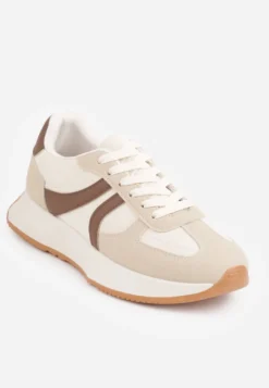 Beżowe Sneakersy z Geometrycznym Wzorem Velwettia