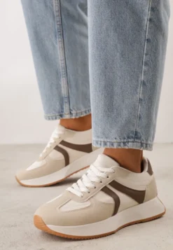 Beżowe Sneakersy z Geometrycznym Wzorem Velwettia