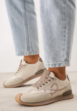 Beżowe Sneakersy z Geometrycznym Wzorem z Boku Mehida