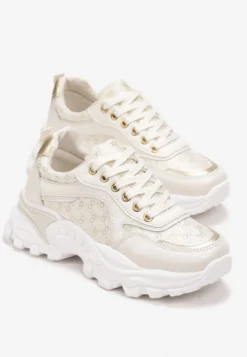 Beżowe Sneakersy z Metaliczną Nitką na Grubej Podeszwie Melimeda
