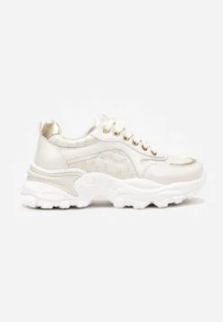 Beżowe Sneakersy z Metaliczną Nitką na Grubej Podeszwie Melimeda