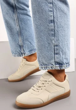Beżowe Sneakersy z Ozdobnymi Przeszyciami przed Kostkę Redala