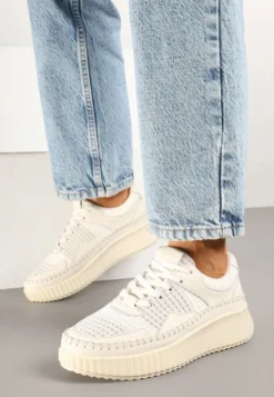 Beżowe Sneakersy z Przeszyciami i Skórzaną Wkładką na Grubej Podeszwie Daliren