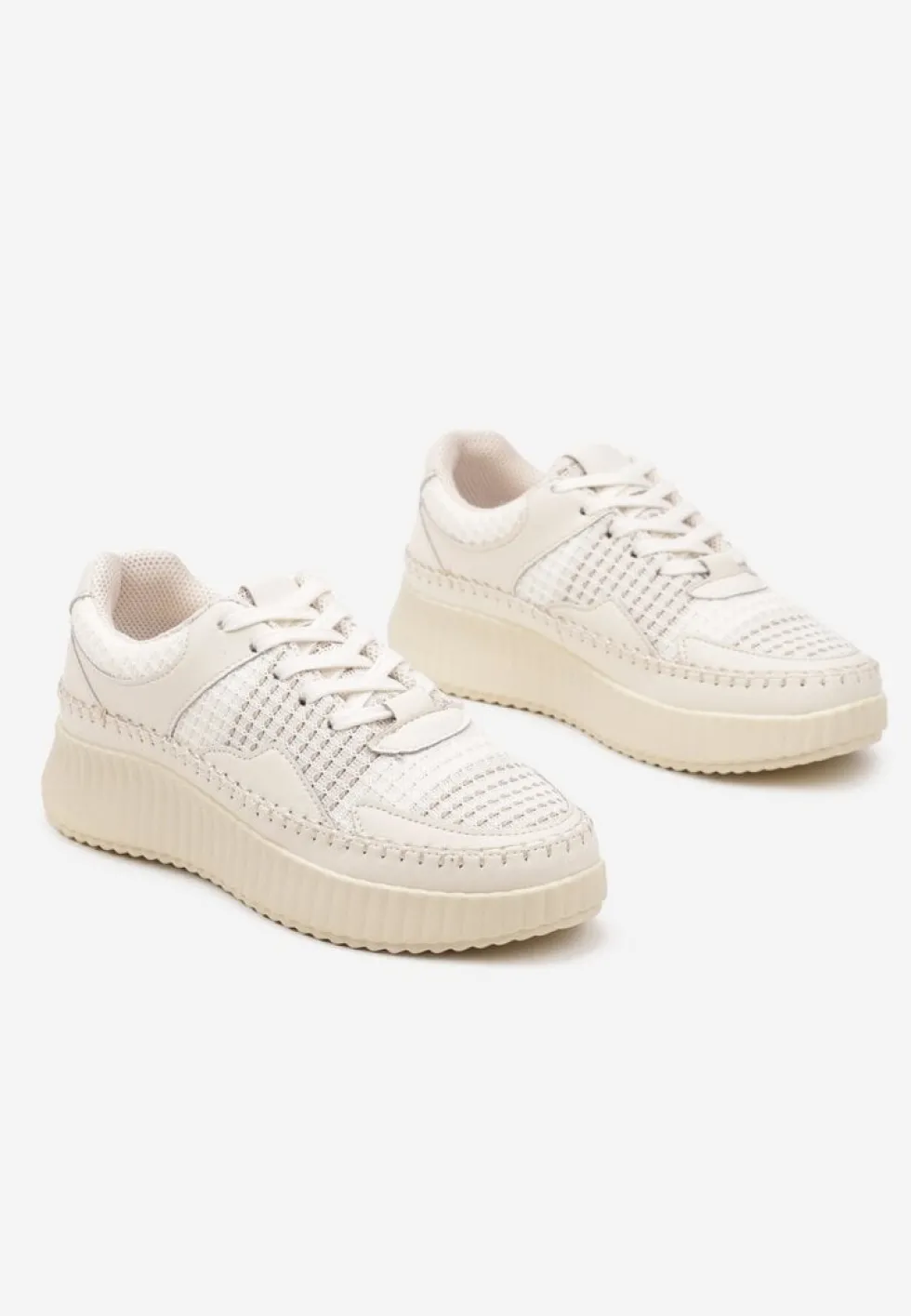 Beżowe Sneakersy z Przeszyciami i Skórzaną Wkładką na Grubej Podeszwie Daliren