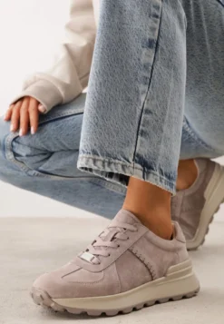 Beżowe Sneakersy z Zamszu Naturalnego na Platformie z Bieżnikiem Eplia