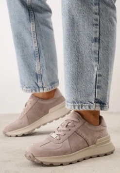 Beżowe Sneakersy z Zamszu Naturalnego na Platformie z Bieżnikiem Eplia