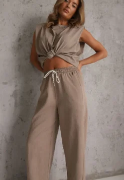 Beżowe Spodnie Casual Barrel High Waist z Gumką i Wiązaniem w Pasie Janesa