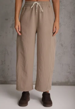 Beżowe Spodnie Casual Barrel High Waist z Gumką i Wiązaniem w Pasie Janesa