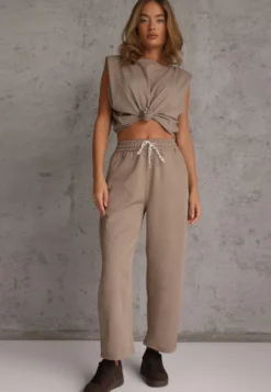 Beżowe Spodnie Casual Barrel High Waist z Gumką i Wiązaniem w Pasie Janesa