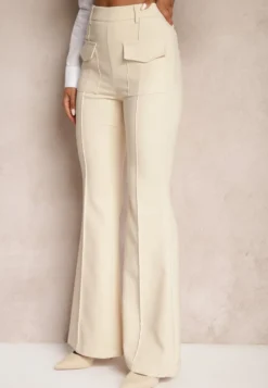 Beżowe Spodnie Dzwony High Waist Fani