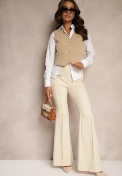 Beżowe Spodnie Dzwony High Waist Fani