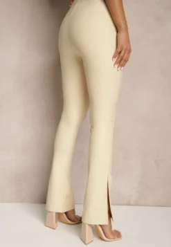 Beżowe Spodnie Dzwony z Imitacji Skóry High Waist Ellimaya