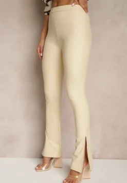 Beżowe Spodnie Dzwony z Imitacji Skóry High Waist Ellimaya