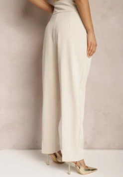 Beżowe Spodnie Garniturowe High Waist z Dwoma Paskami Ismera