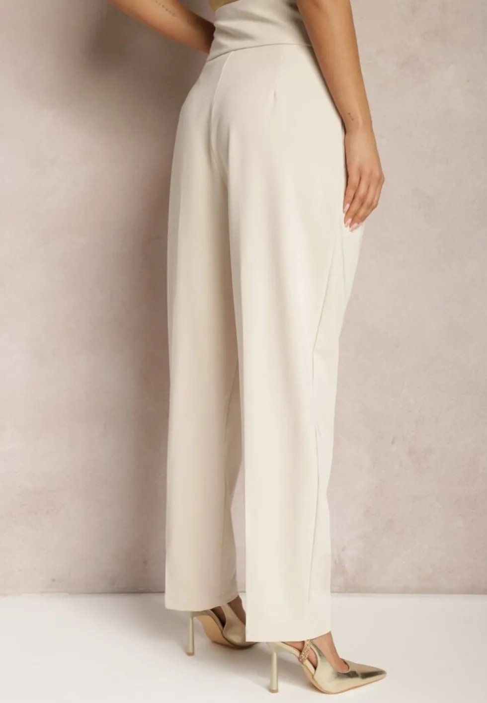Beżowe Spodnie Garniturowe High Waist z Dwoma Paskami Ismera