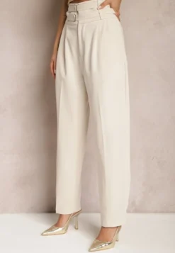 Beżowe Spodnie Garniturowe High Waist z Dwoma Paskami Ismera