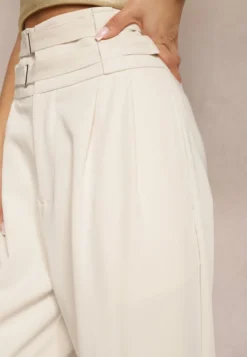 Beżowe Spodnie Garniturowe High Waist z Dwoma Paskami Ismera