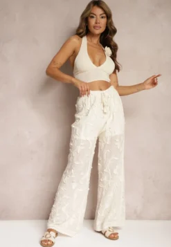 Beżowe Spodnie High Waist o Ażurowym Wykończeniu z Gumką w Talii Gralefia