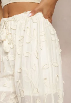 Beżowe Spodnie High Waist o Ażurowym Wykończeniu z Gumką w Talii Gralefia