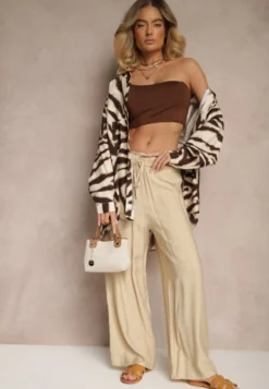 Beżowe Spodnie High Waist o Szerokim Kroju z Wiązaniem Telisiela