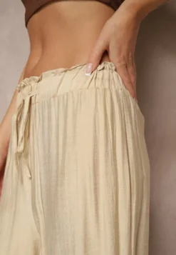 Beżowe Spodnie High Waist o Szerokim Kroju z Wiązaniem Telisiela