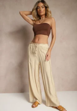 Beżowe Spodnie High Waist o Szerokim Kroju z Wiązaniem Telisiela