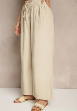 Beżowe Spodnie High Waist Szerokie z Bawełny Wiązane w Pasie z Gumką w Talii Yaslio