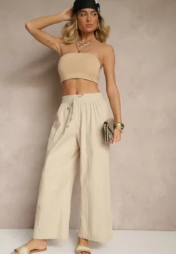 Beżowe Spodnie High Waist Szerokie z Bawełny Wiązane w Pasie z Gumką w Talii Yaslio