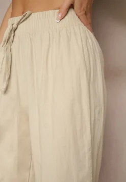 Beżowe Spodnie High Waist Szerokie z Bawełny Wiązane w Pasie z Gumką w Talii Yaslio