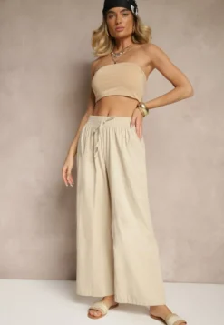 Beżowe Spodnie High Waist Szerokie z Bawełny Wiązane w Pasie z Gumką w Talii Yaslio