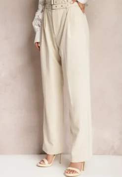 Beżowe Spodnie High Waist w Stylu Garniturowym z Paskami i Klamerkami Daklena
