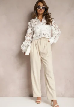Beżowe Spodnie High Waist w Stylu Garniturowym z Paskami i Klamerkami Daklena
