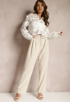 Beżowe Spodnie High Waist w Stylu Garniturowym z Paskami i Klamerkami Daklena