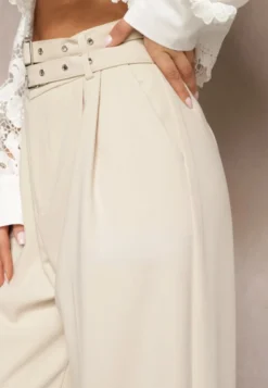 Beżowe Spodnie High Waist w Stylu Garniturowym z Paskami i Klamerkami Daklena