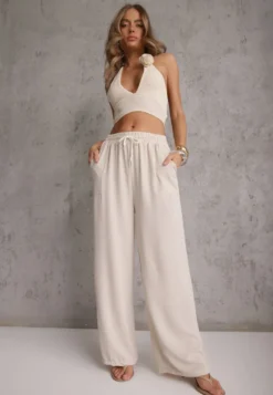 Beżowe Spodnie High Waist ze Sznurkiem w Talii i Prostą Nogawką Raveann