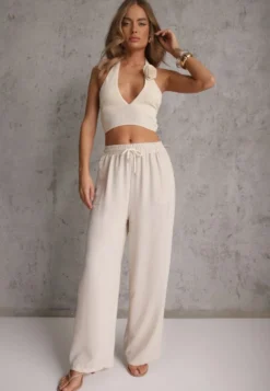 Beżowe Spodnie High Waist ze Sznurkiem w Talii i Prostą Nogawką Raveann
