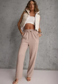 Beżowe Spodnie High Waist z Gumką i Troczkami w Pasie Rallena
