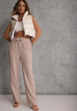Beżowe Spodnie High Waist z Gumką i Troczkami w Pasie Rallena