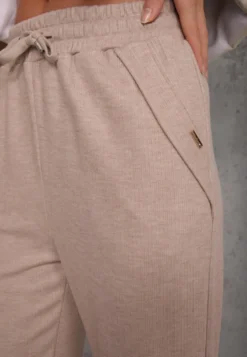 Beżowe Spodnie High Waist z Gumką i Troczkami w Pasie Rallena