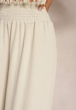 Beżowe Spodnie High Waist z Szerokimi Nogawkami i Gumką w Pasie Risabessa