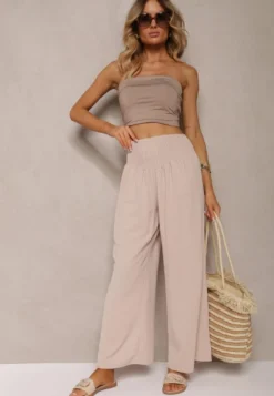 Beżowe Spodnie Kuloty High Waist z Gumką w Talii Lipadre