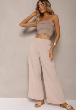 Beżowe Spodnie Kuloty High Waist z Gumką w Talii Lipadre