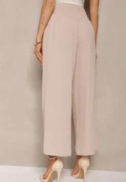 Beżowe Spodnie Kuloty High Waist z Gumką w Talii Lipadre
