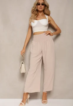 Beżowe Spodnie Kuloty High Waist z Gumką w Talii Lipadre