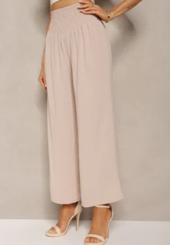 Beżowe Spodnie Kuloty High Waist z Gumką w Talii Lipadre