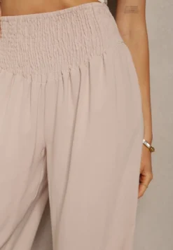 Beżowe Spodnie Kuloty High Waist z Gumką w Talii Lipadre