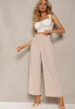 Beżowe Spodnie Kuloty High Waist z Gumką w Talii Lipadre