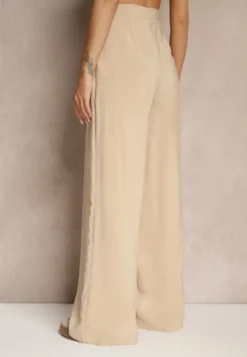 Beżowe Spodnie Low Waist z Modalu z Szeroką Nogawką Reanelira