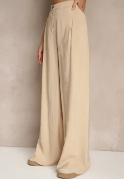 Beżowe Spodnie Low Waist z Modalu z Szeroką Nogawką Reanelira