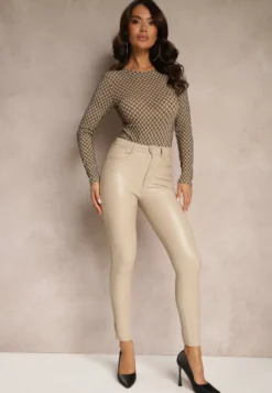Beżowe Spodnie o Kroju Skinny z Imitacji Skóry Zorlemi